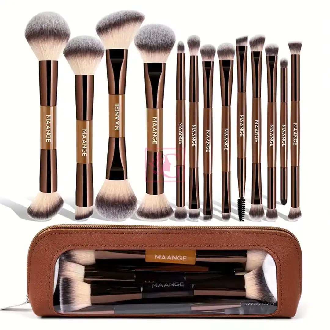 MAANGE 13pcs Dual-Ended Professional Makeup Brush Set with Storage Pouch – Brown